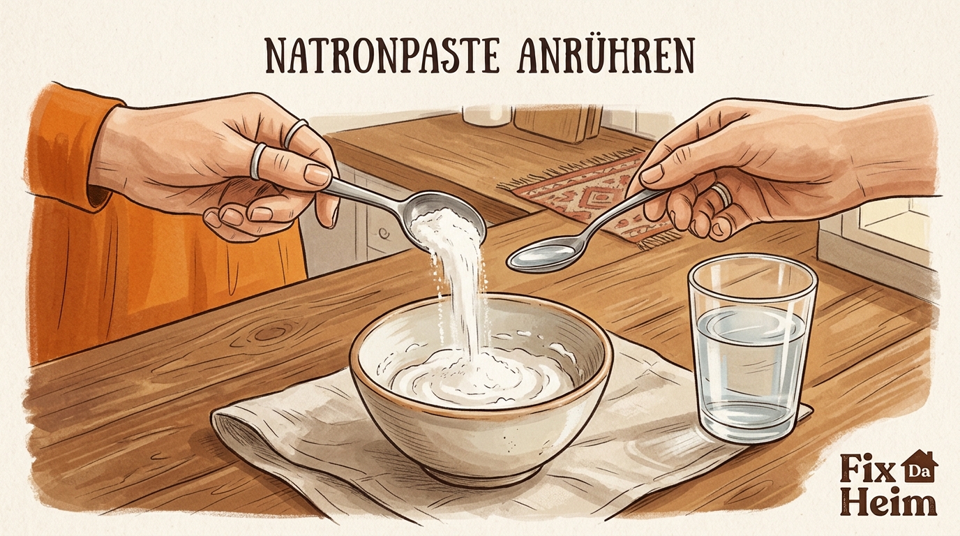 Hausmittel gegen Schimmel: Was wirklich hilft – und wo Essig das Problem verschlimmert 3 Hände rühren Natronpaste in einer kleinen Schüssel an, Natronpulver und Wasserglas daneben