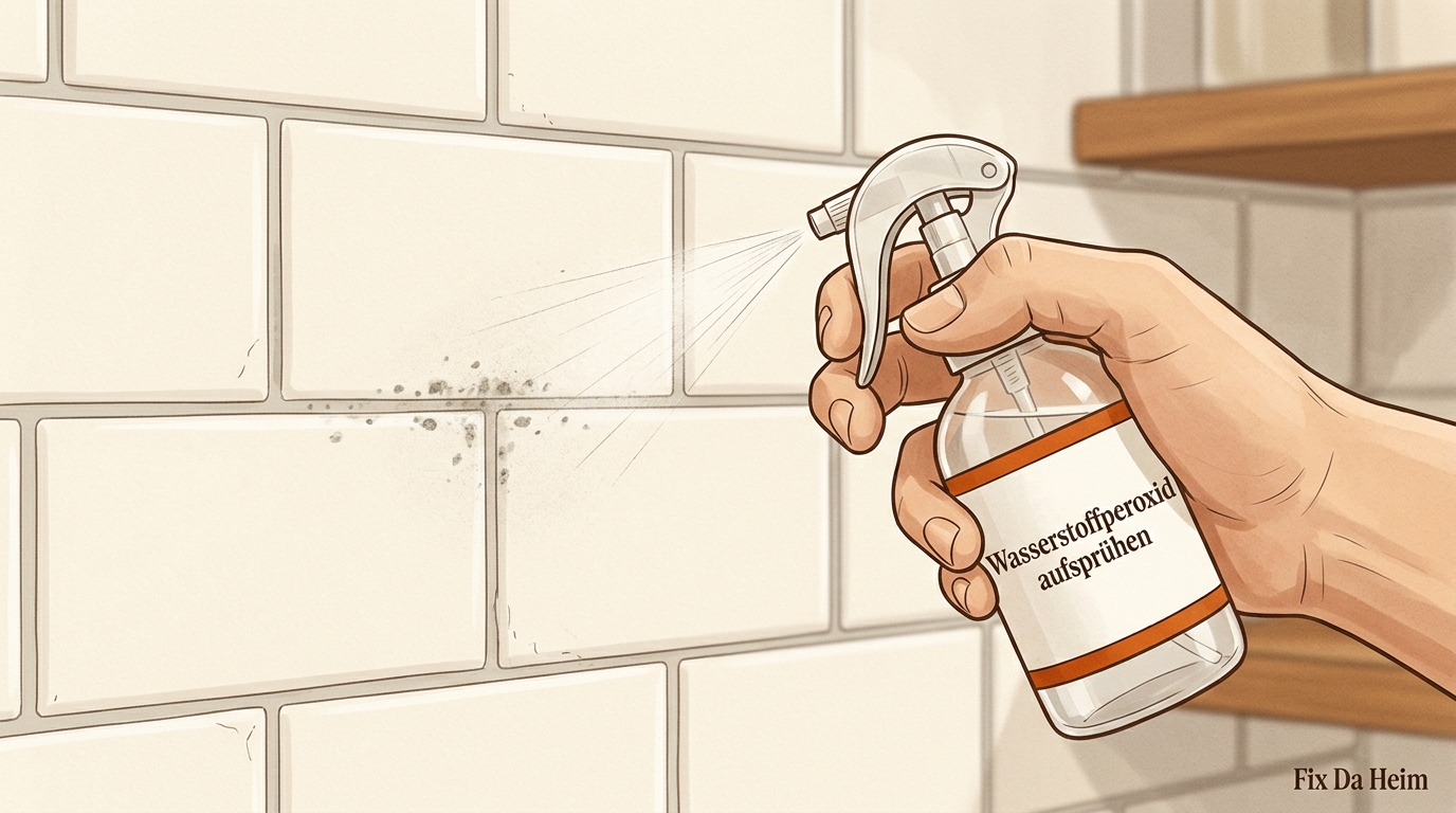 Hausmittel gegen Schimmel: Was wirklich hilft – und wo Essig das Problem verschlimmert 4 Sprühflasche mit Wasserstoffperoxid wird auf eine Fliesenfuge mit Schimmelbefall gesprüht