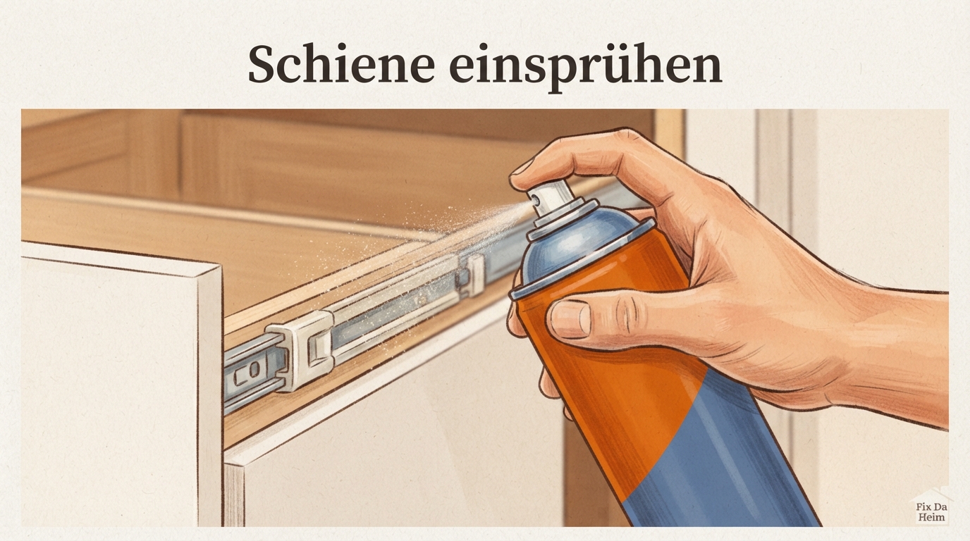 Silikonspray wird dünn auf die Laufschiene gesprüht – Schmiermittel auftragen