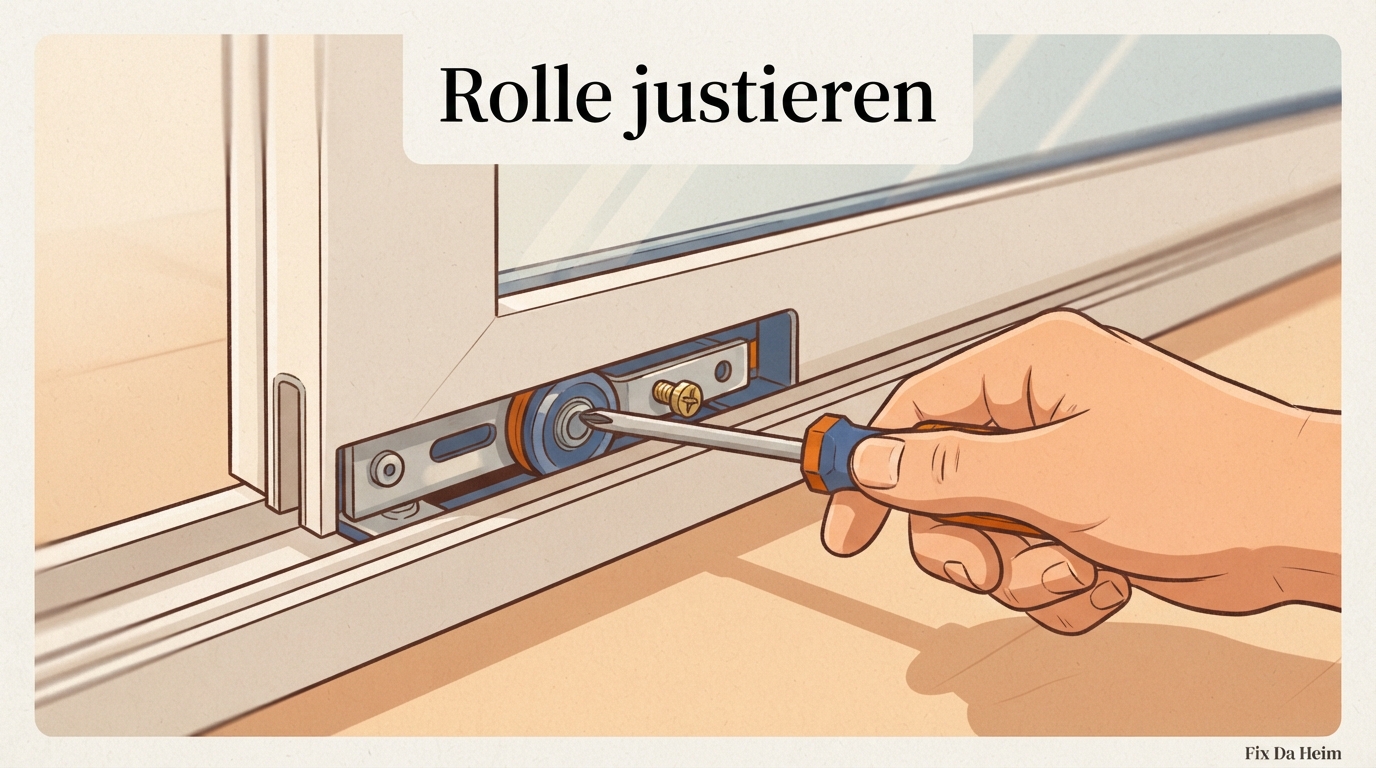 Höhenverstellschraube an der Laufrolle wird mit Schraubendreher gedreht – Justierschraube einstellen
