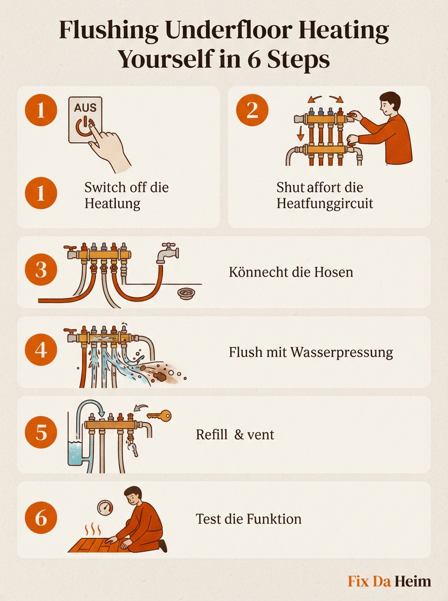 Fußbodenheizung spülen: Anleitung, Kosten & Intervalle 15 Infografik: Fußbodenheizung spülen – Schritt-für-Schritt-Anleitung in 6 Schritten