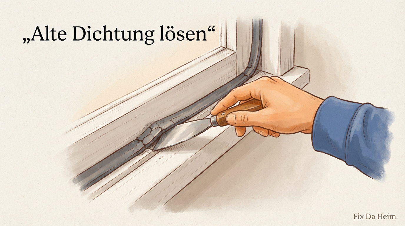 Fensterdichtung kaufen: Richtige Wahl + Einbau-Anleitung 7 Alte Fensterdichtung wird mit Spachtel aus der Nut gelöst – Fensterdichtung austauschen Schritt 1
