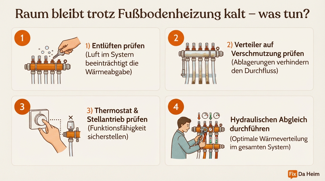 Hydraulischer Abgleich Fußbodenheizung: Pflicht & Kosten 11 Entscheidungsbaum: Raum bleibt kalt trotz Fußbodenheizung – Entlüften, Spülen, Thermostat oder hydraulischer Abgleich?