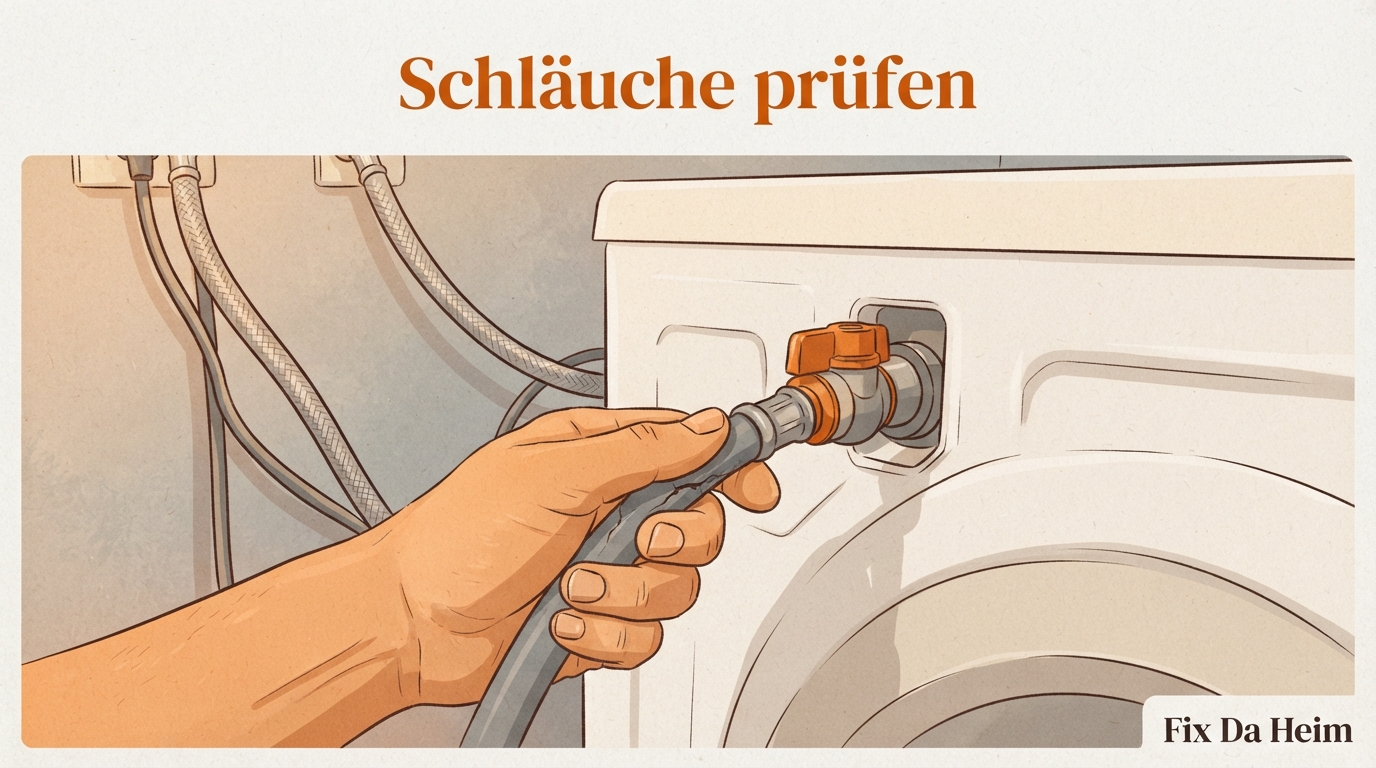 Gebrauchte Waschmaschine kaufen: Checkliste 2026 7 Zulaufschlauch und Aquastop-Ventil einer gebrauchten Waschmaschine auf Risse und Porösität prüfen