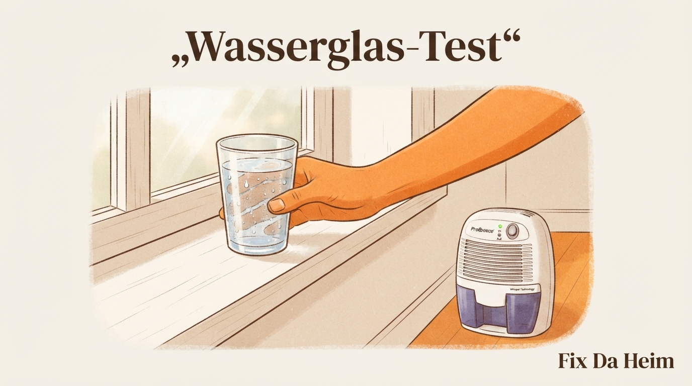 Taupunkt-Test mit Wasserglas gegen beschlagene Fenster – Glas mit kaltem Wasser auf Fensterbank stellen
