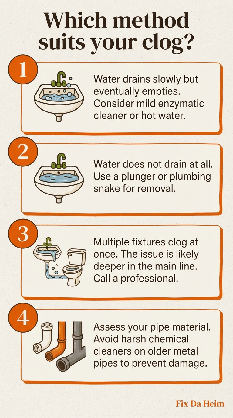 Abflussreiniger Test 2026: Was wirklich wirkt 7 Flussdiagramm zeigt Ursache, Ort und Rohrmaterial einer Verstopfung mit passender Methode