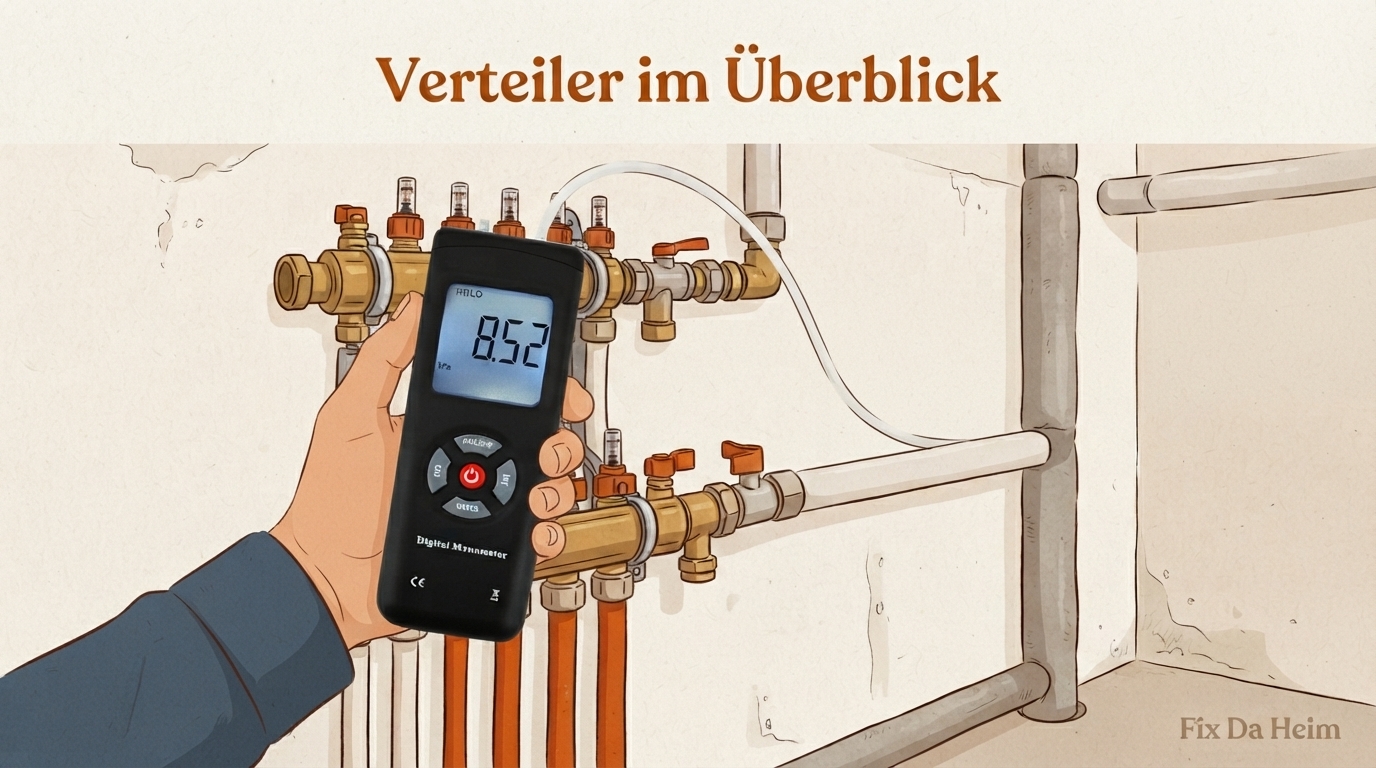 Fußbodenheizung wird nicht warm? Diagnose in 5 Minuten 2 Heizkreisverteiler im Keller mit Manometer und Absperrventilen – Fußbodenheizung mit Manometer zur Diagnose
