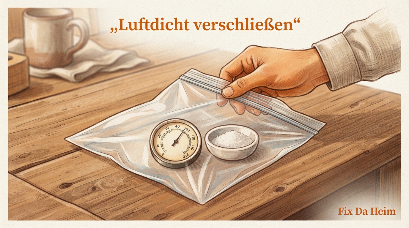 Hygrometer kaufen: Die besten Modelle 2026 im Vergleich 6 Hygrometer und Salzbehälter liegen zusammen in verschlossener Tüte zur Kalibrierung