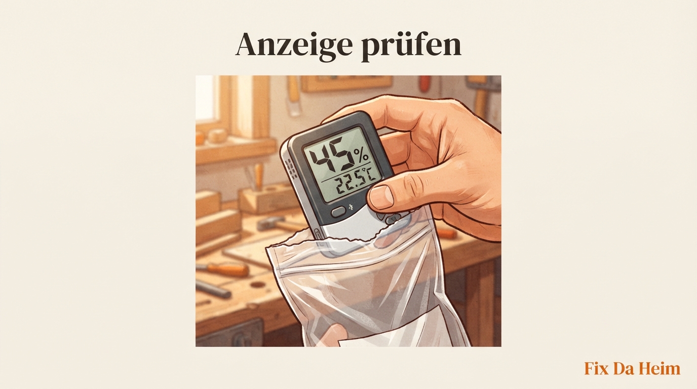 Hygrometer kaufen: Die besten Modelle 2026 im Vergleich 7 Hand liest Hygrometer-Anzeige nach Salzmethode ab – Kalibrierungsergebnis prüfen