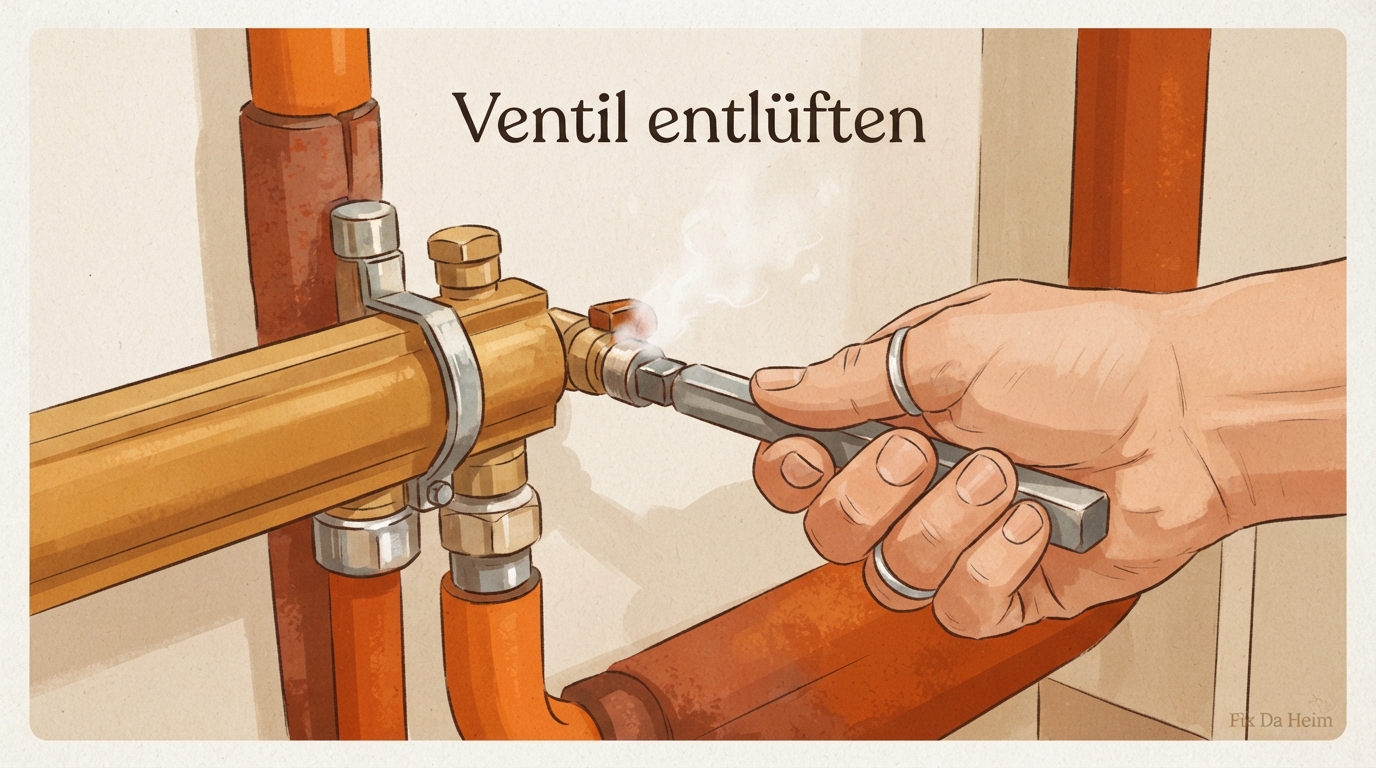 Fußbodenheizung wird nicht warm? Diagnose in 5 Minuten 5 Entlüftungsventil am Heizkreisverteiler wird mit Schlüssel geöffnet – Fußbodenheizung entlüften am Verteiler