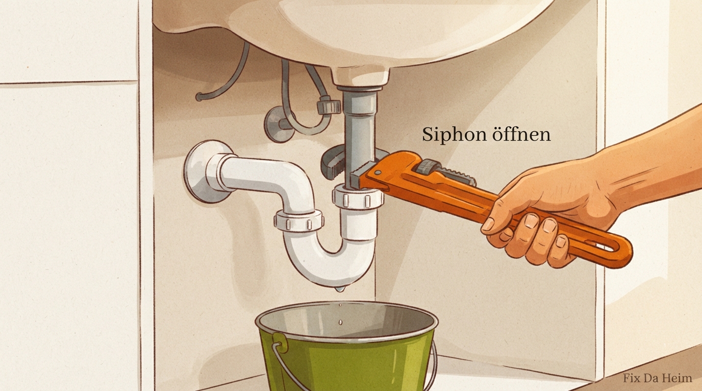 Abflussreiniger Test 2026: Was wirklich wirkt 12 Siphon wird mit einer Wasserpumpenzange über einem Eimer gelöst