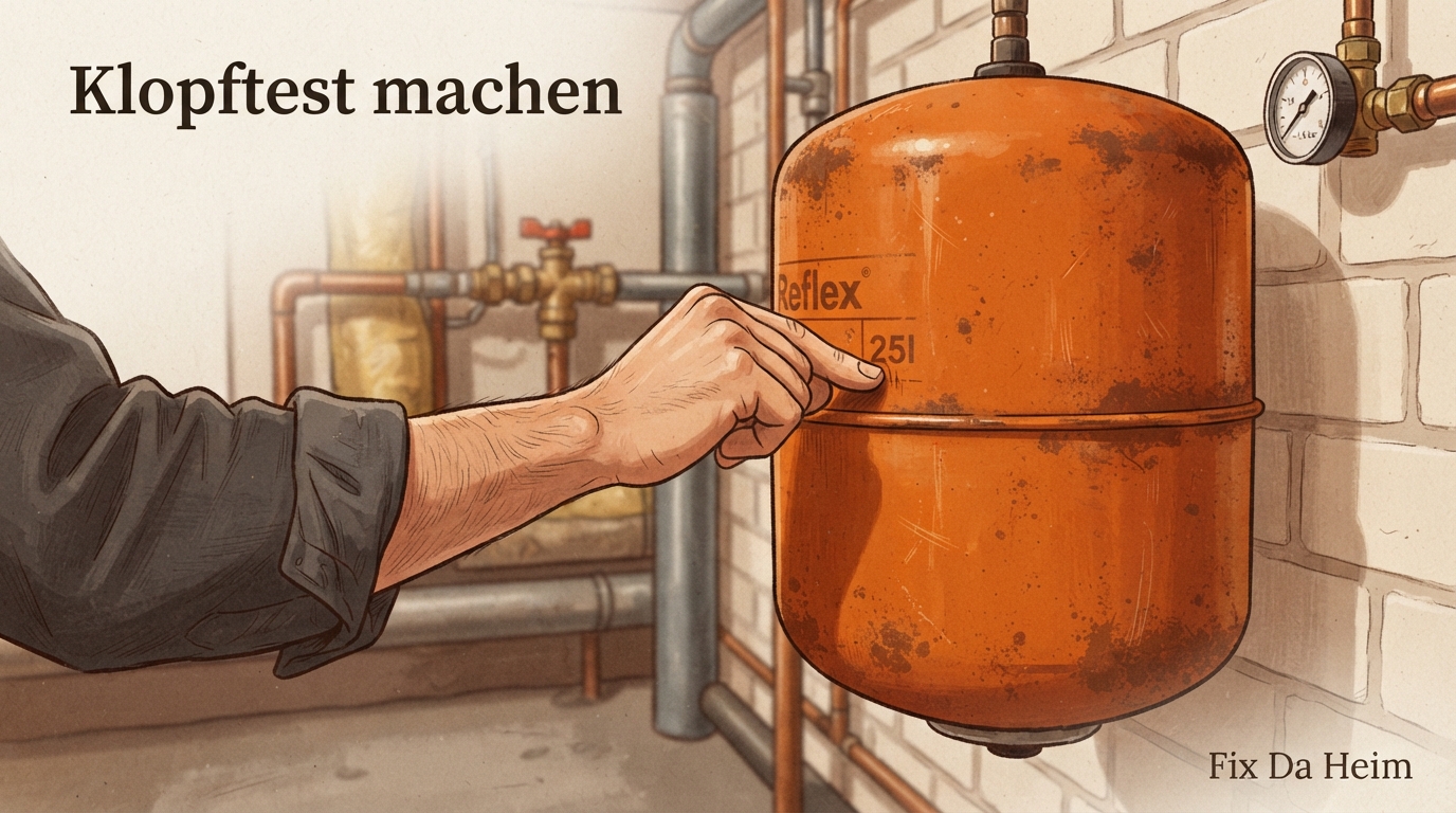 Fußbodenheizung wird nicht warm? Diagnose in 5 Minuten 7 Klopftest am Ausdehnungsgefäß mit dem Fingerknöchel – Klopftest Ausdehnungsgefäß Fußbodenheizung prüfen