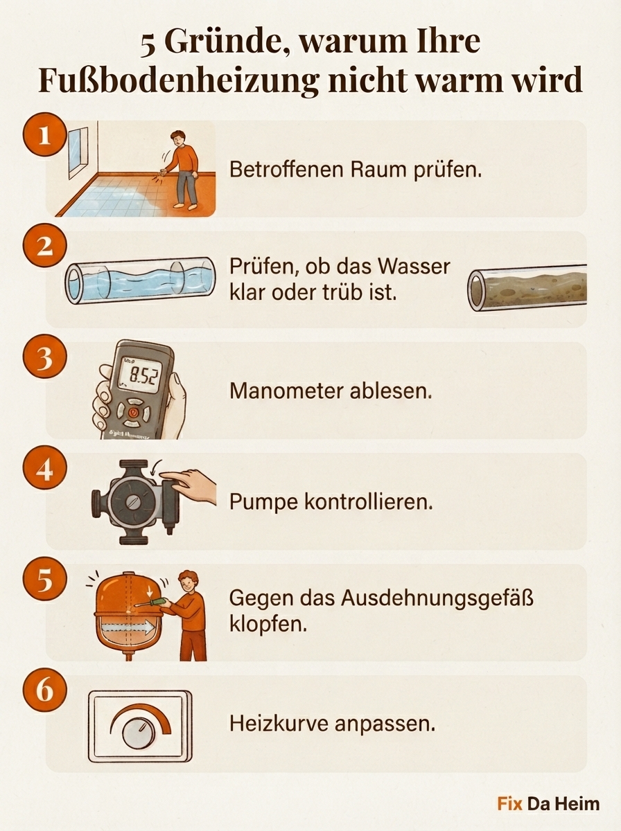 Fußbodenheizung wird nicht warm? Diagnose in 5 Minuten 9 Infografik: Fußbodenheizung wird nicht warm – 6 Diagnoseschritte im Überblick