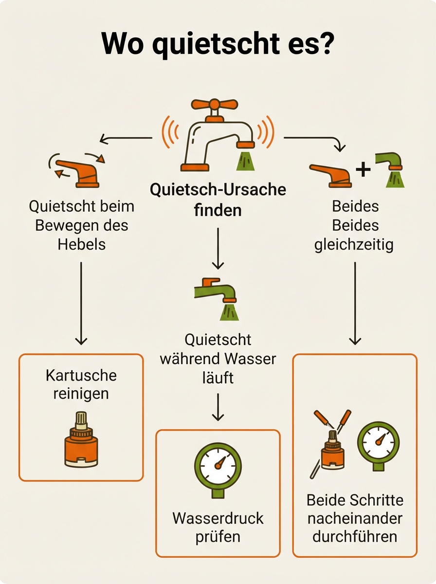 Entscheidungsbaum zur Diagnose: Quietscht der Wasserhahn beim Hebel oder beim Wasserlauf?