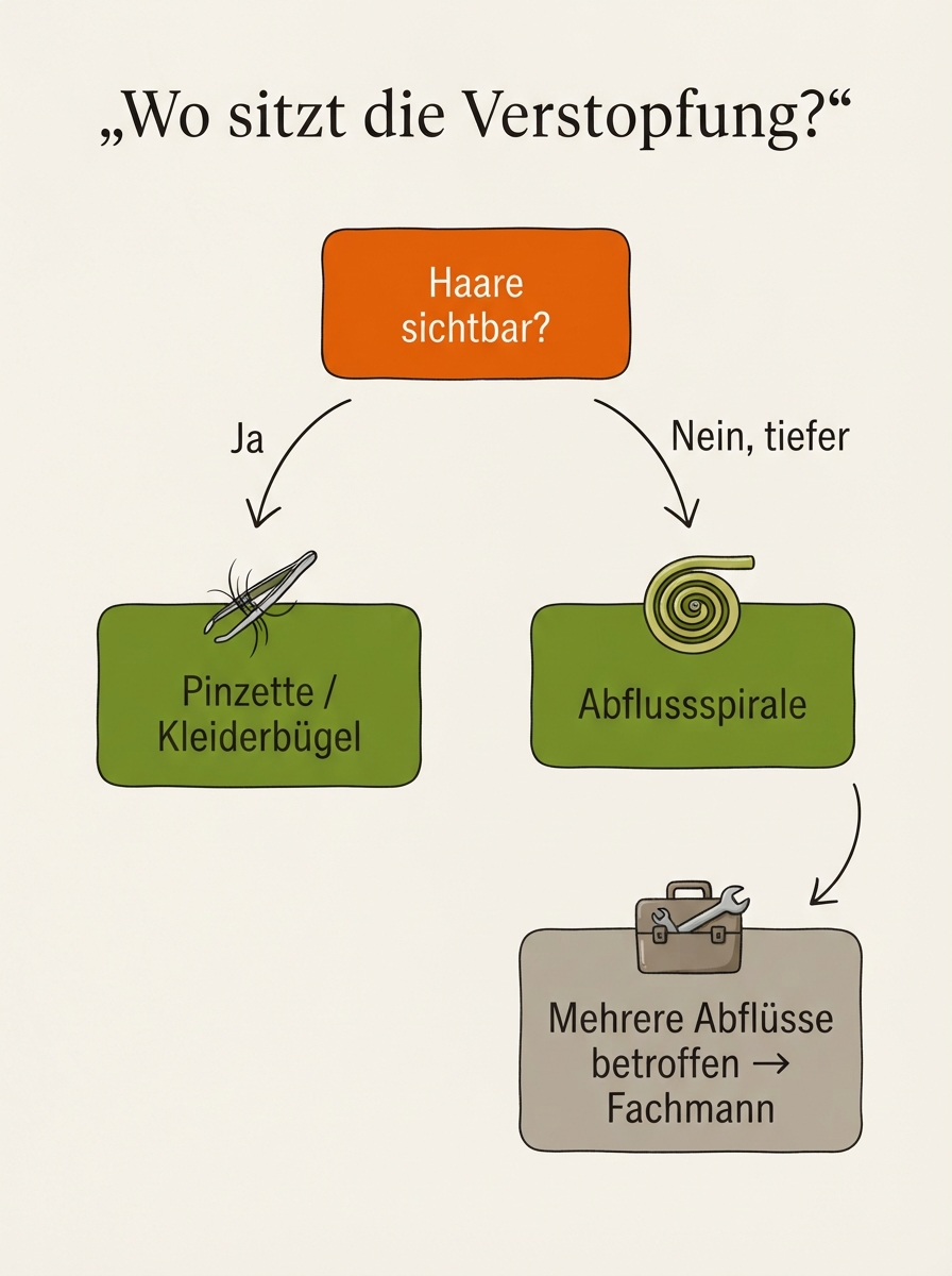 Entscheidungsbaum zur Diagnose der Ursache einer Duschabfluss-Verstopfung