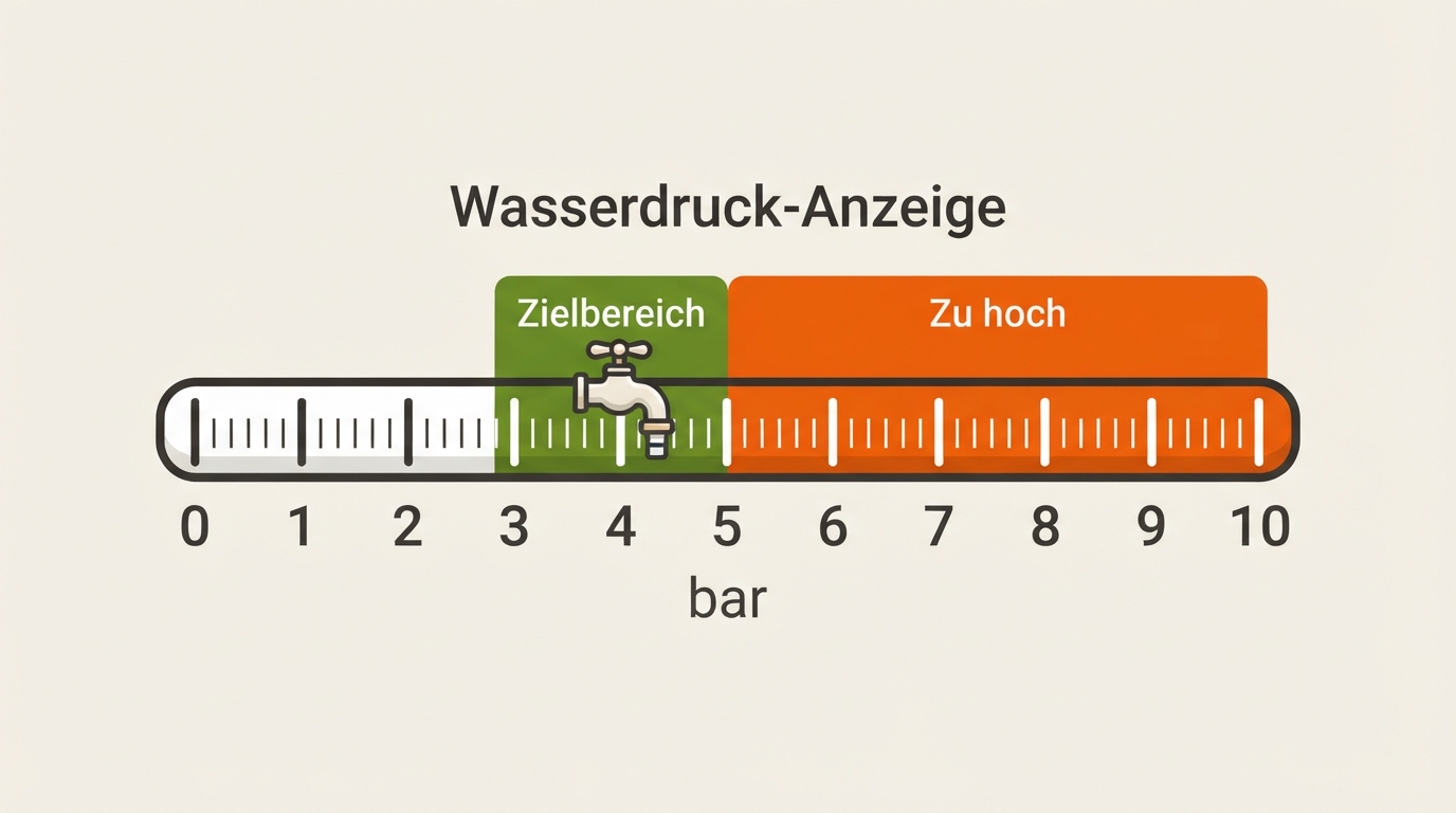 Diagramm mit Wasserdruck-Skala – Richtwerte für Trinkwasserinstallation