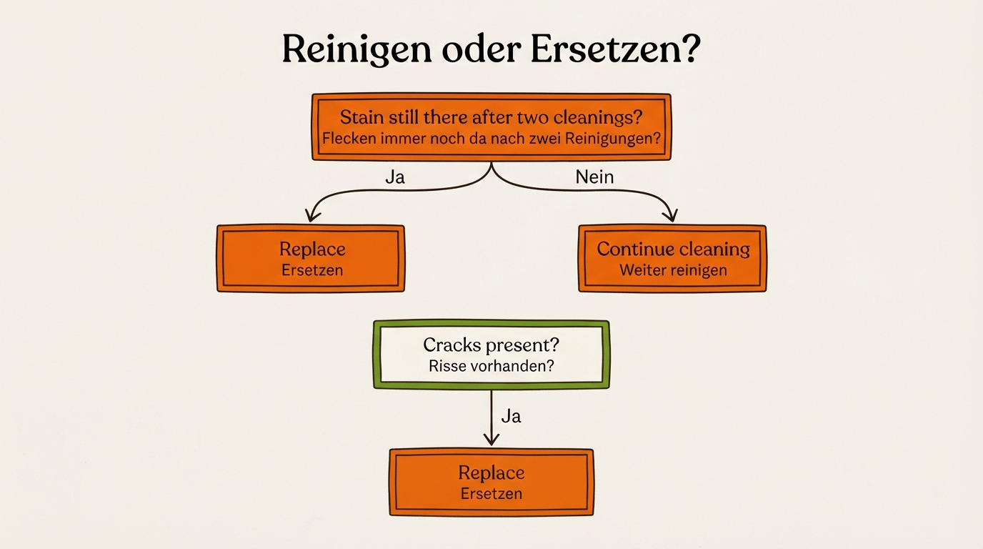 Duschvorhang reinigen: Kalk, Schimmel & die richtige Methode 6 Entscheidungsdiagramm Reinigen versus Ersetzen für Duschvorhänge