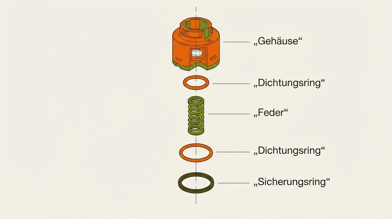Explosionszeichnung einer Wasserhahn-Kartusche mit Einzelteilen