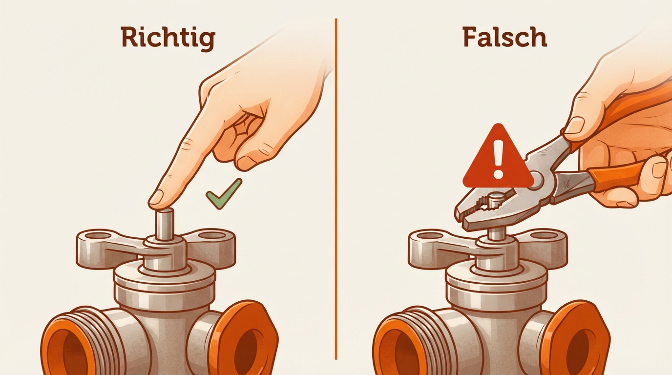 Richtiger und falscher Griff am Ventilstift eines Heizkörperthermostats