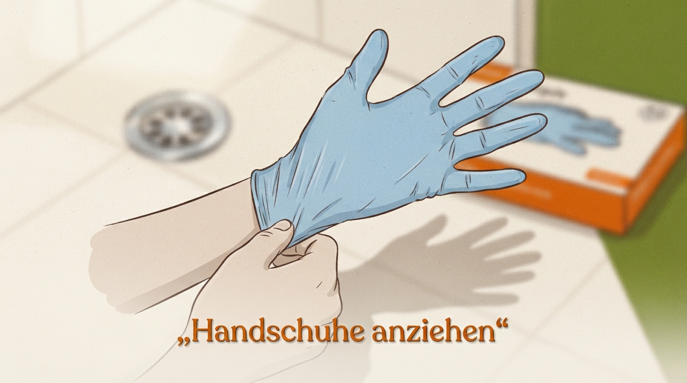 Hände mit Einweghandschuhen vor dem Duschabfluss