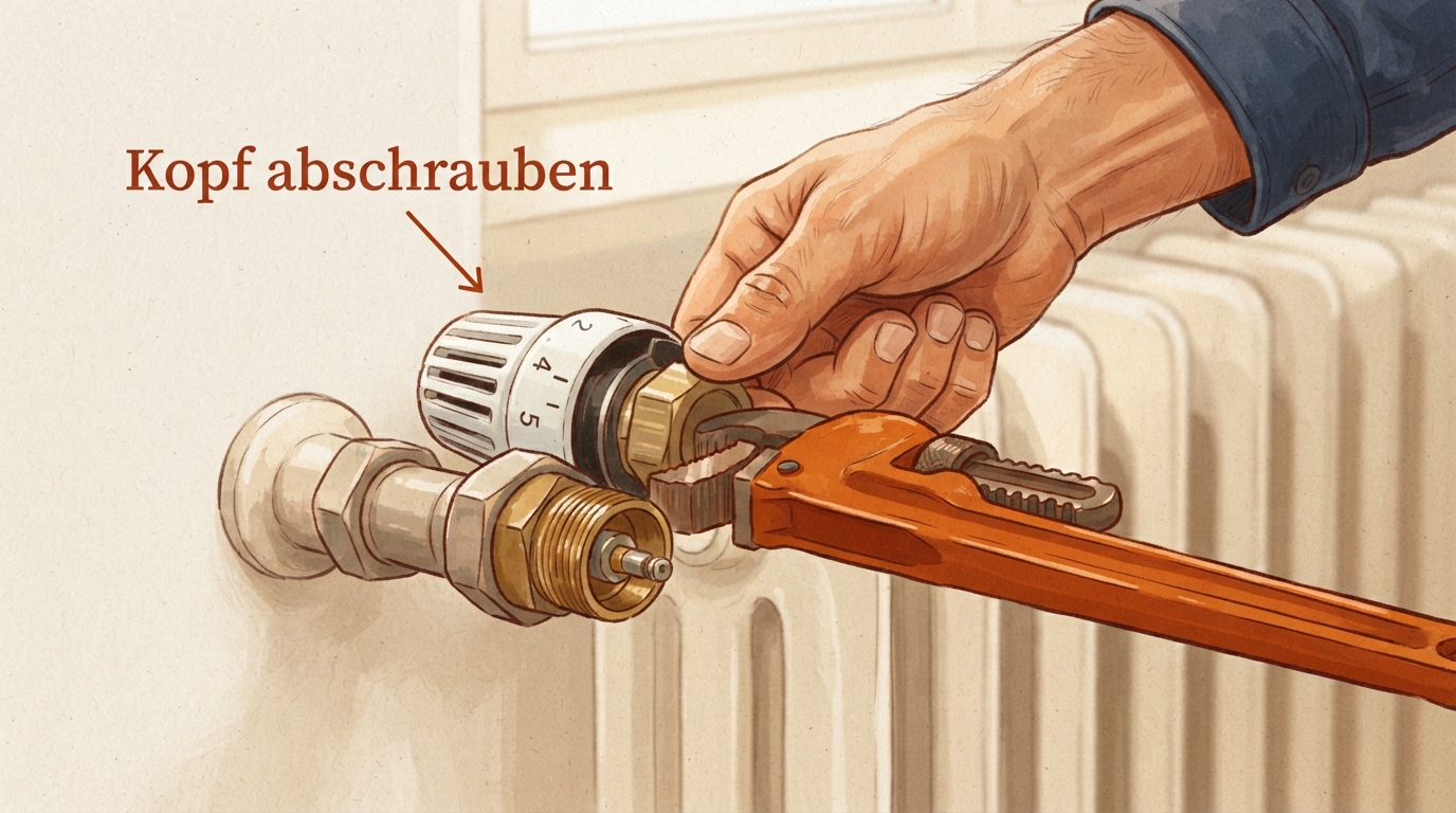 Thermostatkopf wird abgeschraubt, Ventilstift sichtbar