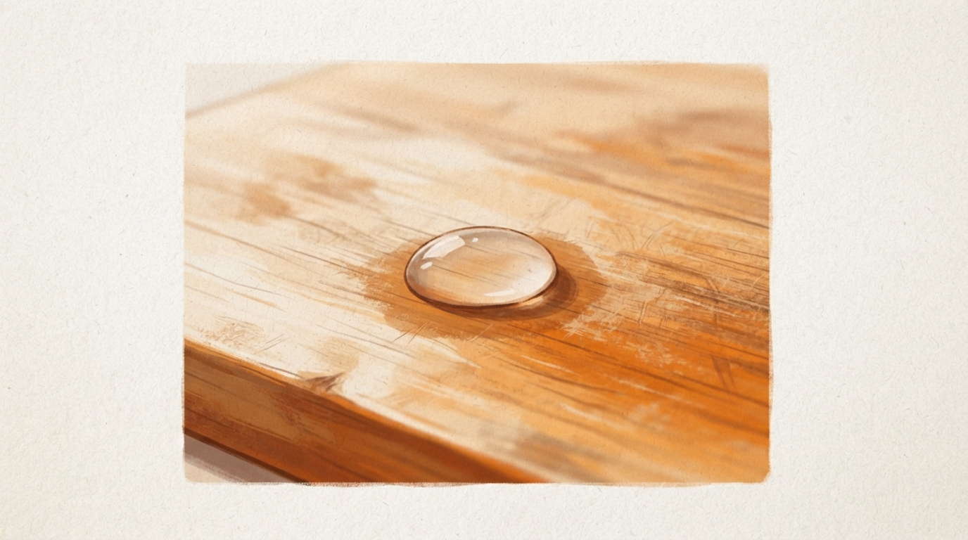 Wassertropfen auf einem Holzschneidebrett zur Prüfung der Oberfläche