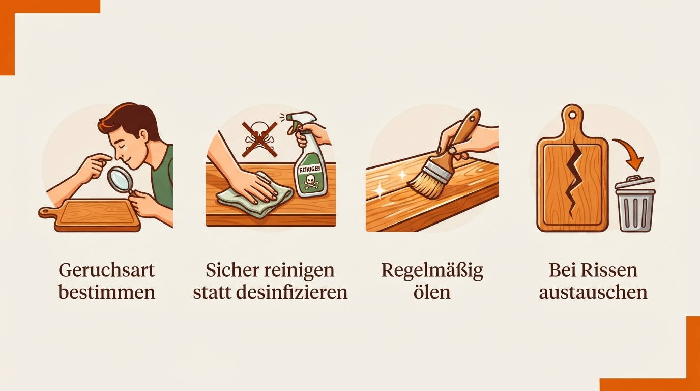 Infografik mit den vier Kernschritten gegen Schneidebrett-Geruch