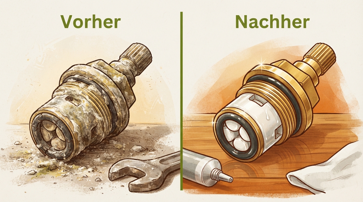 Vergleich vorher/nachher: gepflegter Wasserhahn ohne Quietschen