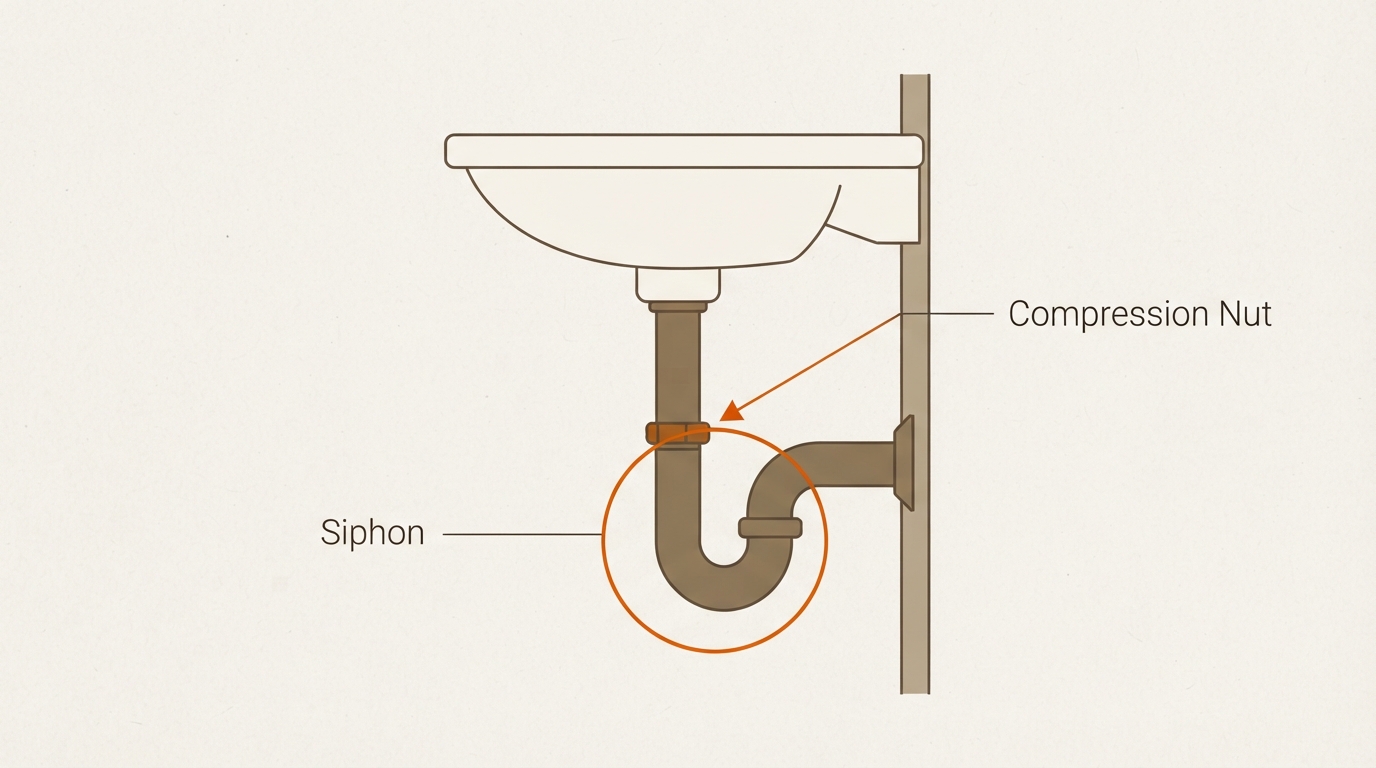 Position des Siphons unter dem Waschbecken – schematische Darstellung