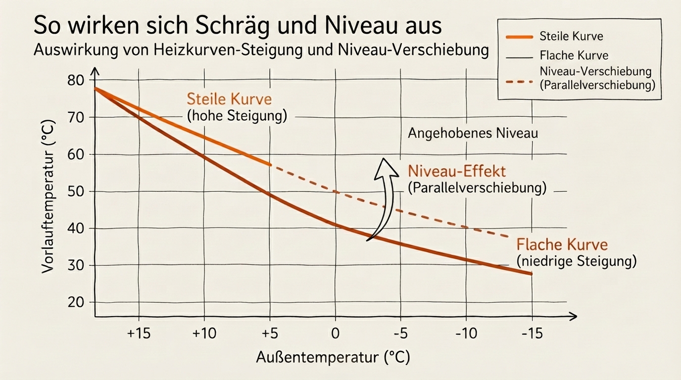 Heizkurven-Diagramm mit Neigungs- und Niveau-Einstellungen visualisiert