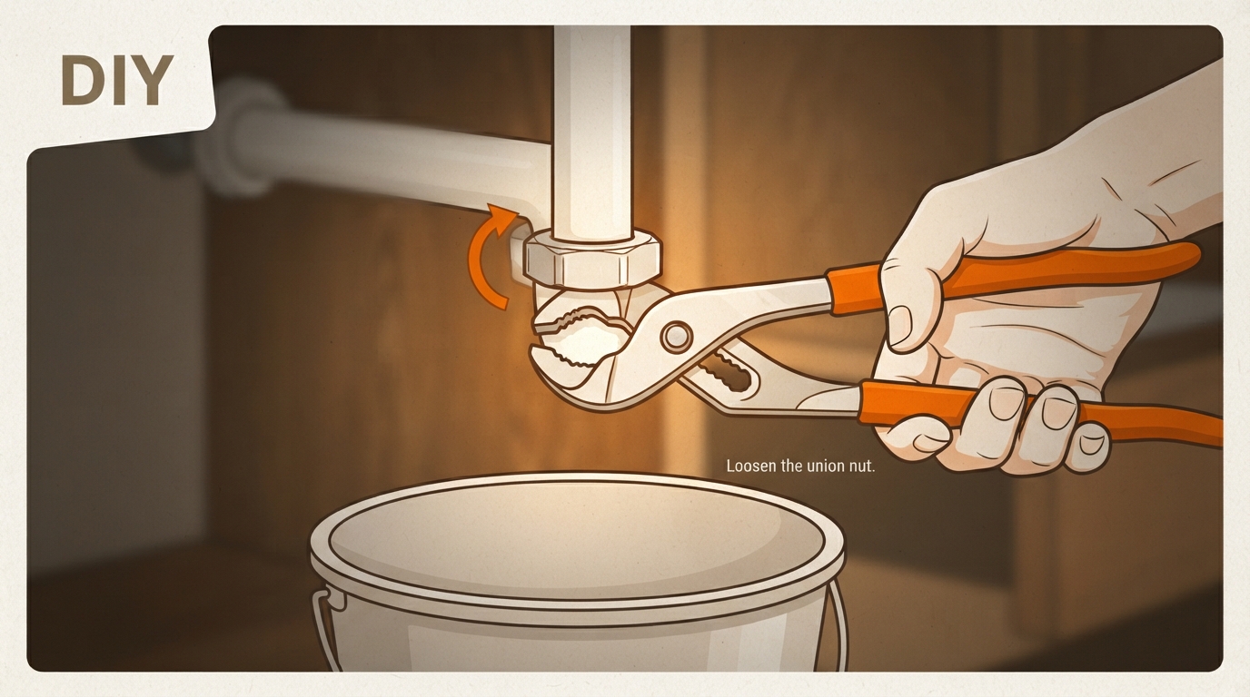 Hand löst Überwurfmutter am Siphon mit Wasserpumpenzange