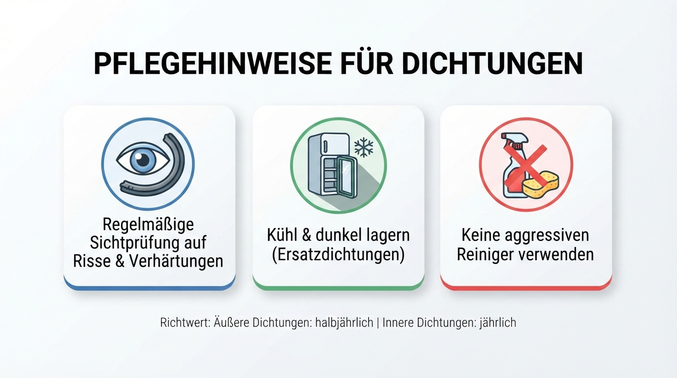 Infografik mit den drei Kernregeln der Gummidichtungspflege