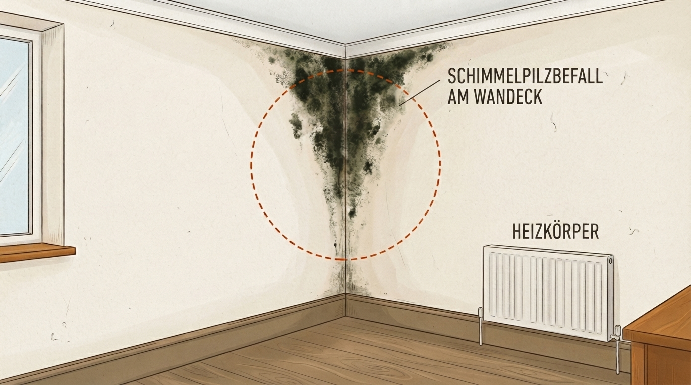 Zimmerecke an einer Außenwand mit dunklem Schimmelfleck – typische Wärmebrücke