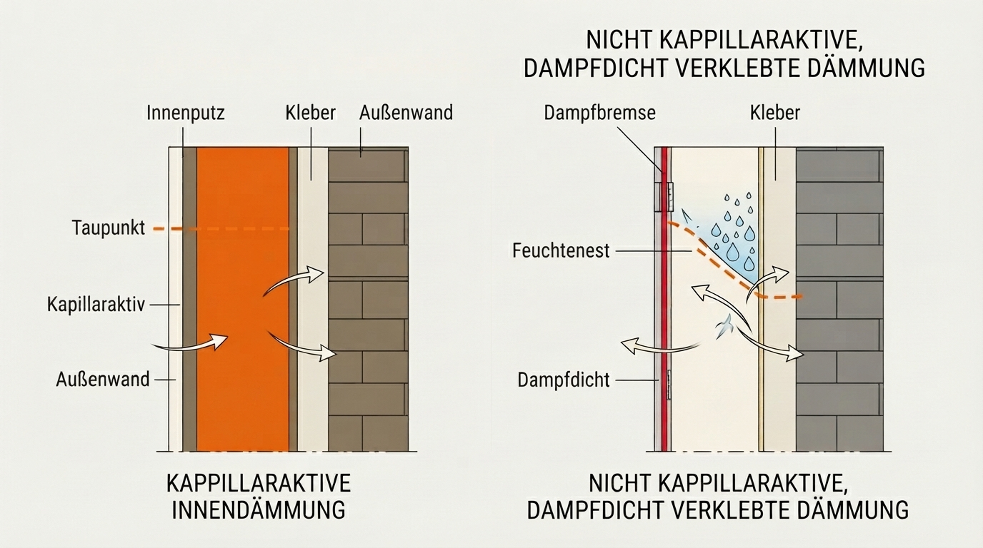 Wandquerschnitt: Taupunktverlagerung bei korrekter vs. fehlerhafter Innendämmung