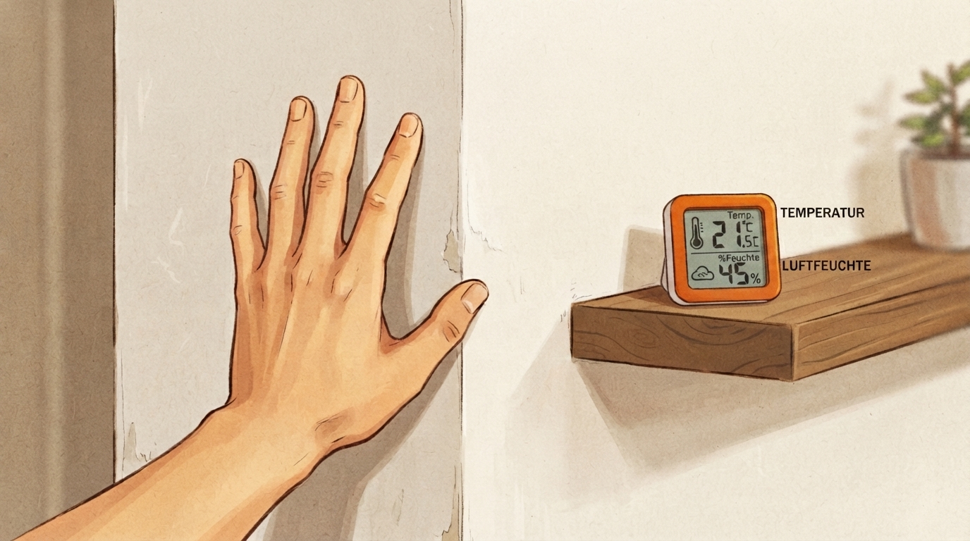 Handtest an der Wandecke mit Hygrometer im Hintergrund