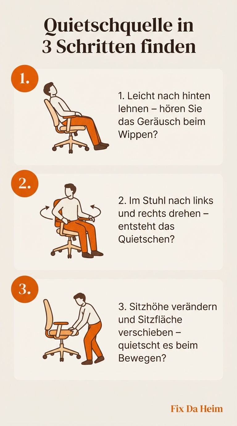 Bürostuhl quietscht: Ursache finden & in 10 Min. beheben 9 Infografik: Bürostuhl quietscht – Quietschquelle in 3 Schritten lokalisieren und beheben