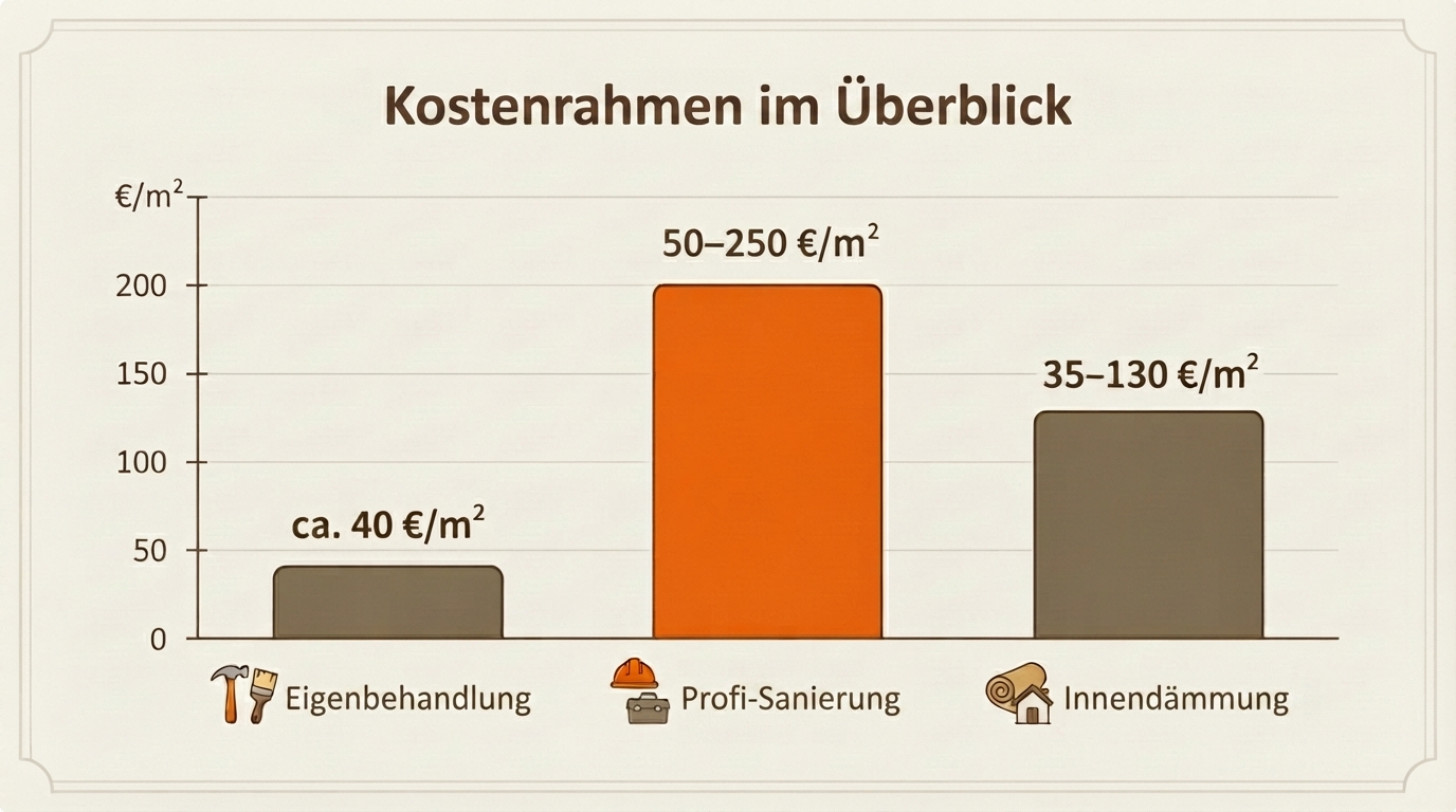 Balkendiagramm Kostenvergleich: Eigenbehandlung vs. Fachmann vs. Innendämmung