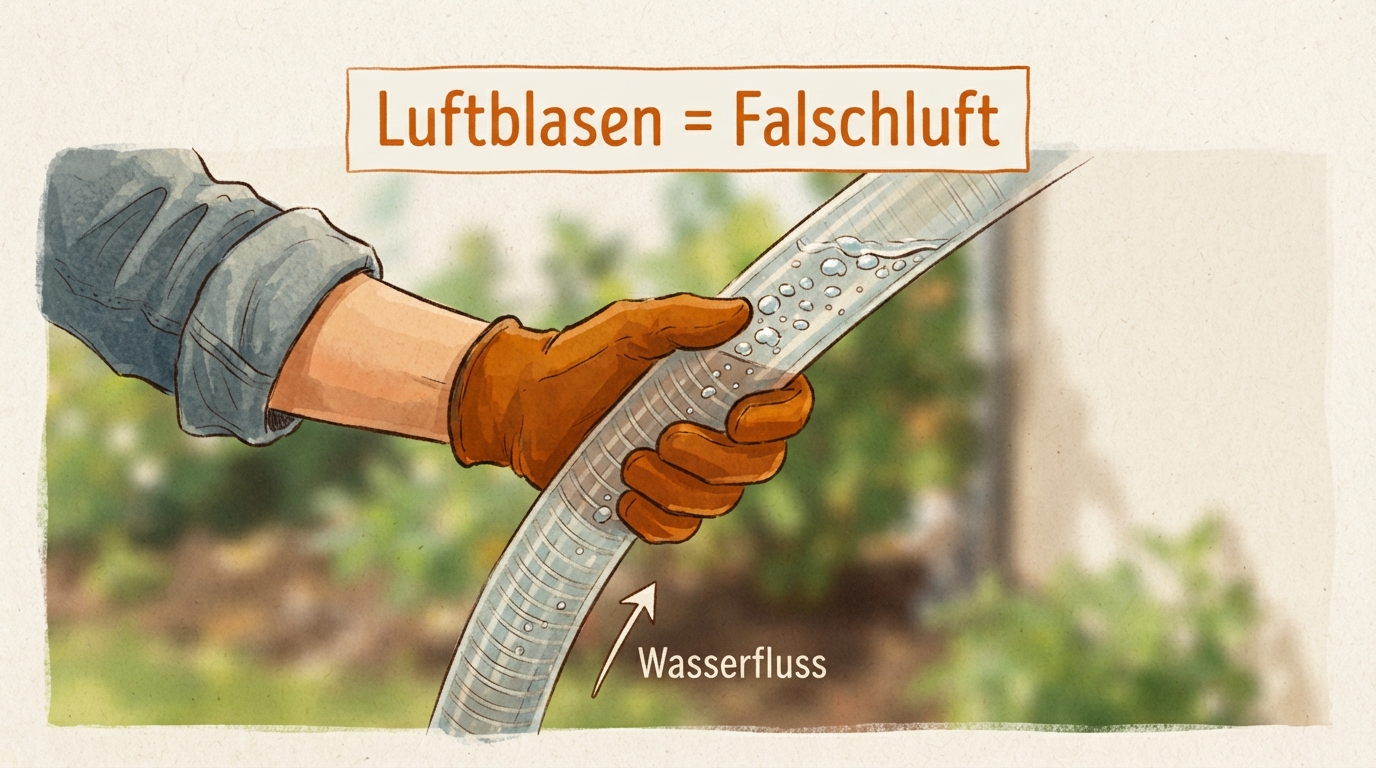 Prüfen der Saugschlauchverbindungen auf Falschluft an der Gartenpumpe