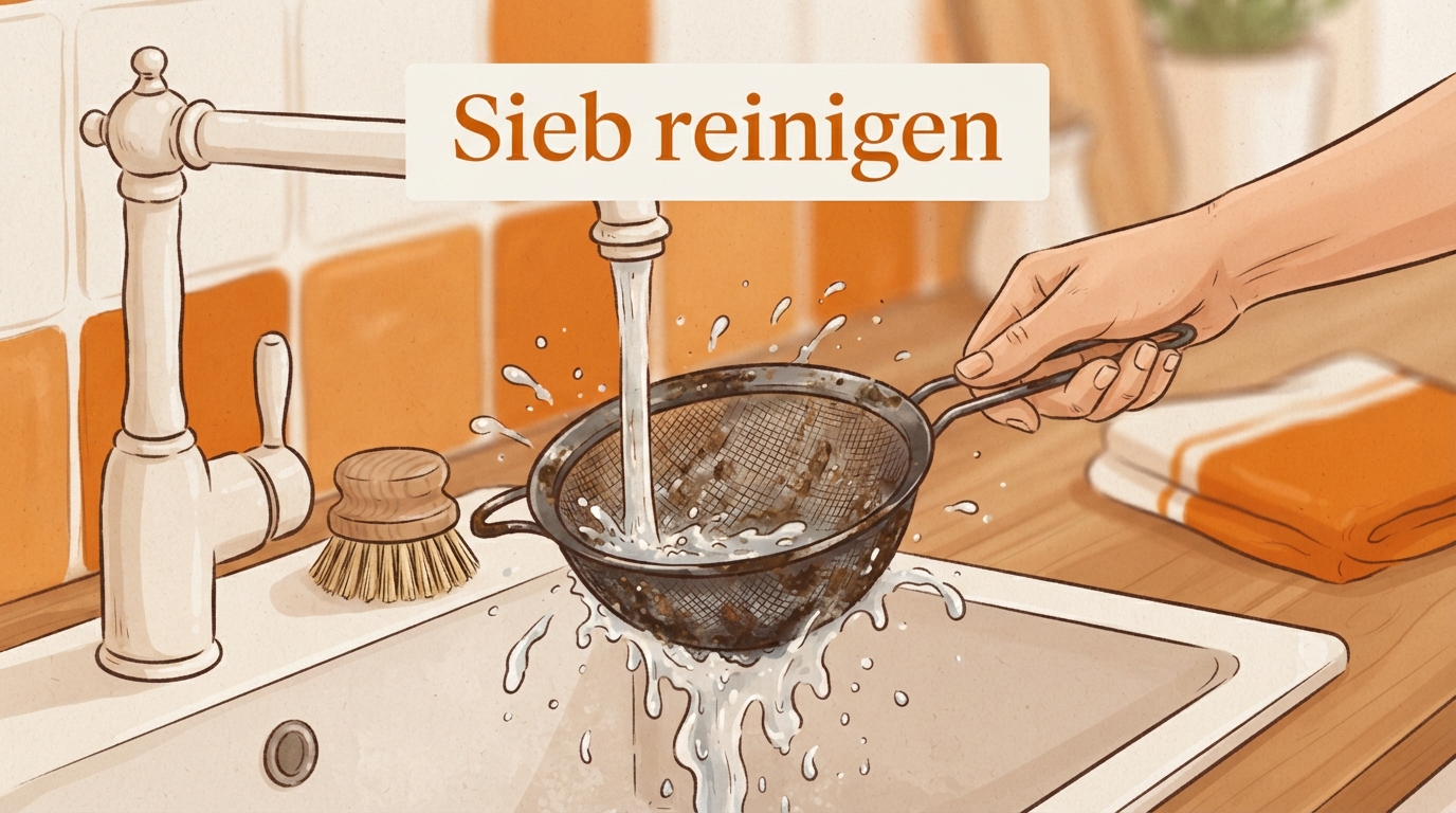 Entnommenes, sichtbar verschmutztes Sieb in der Hand