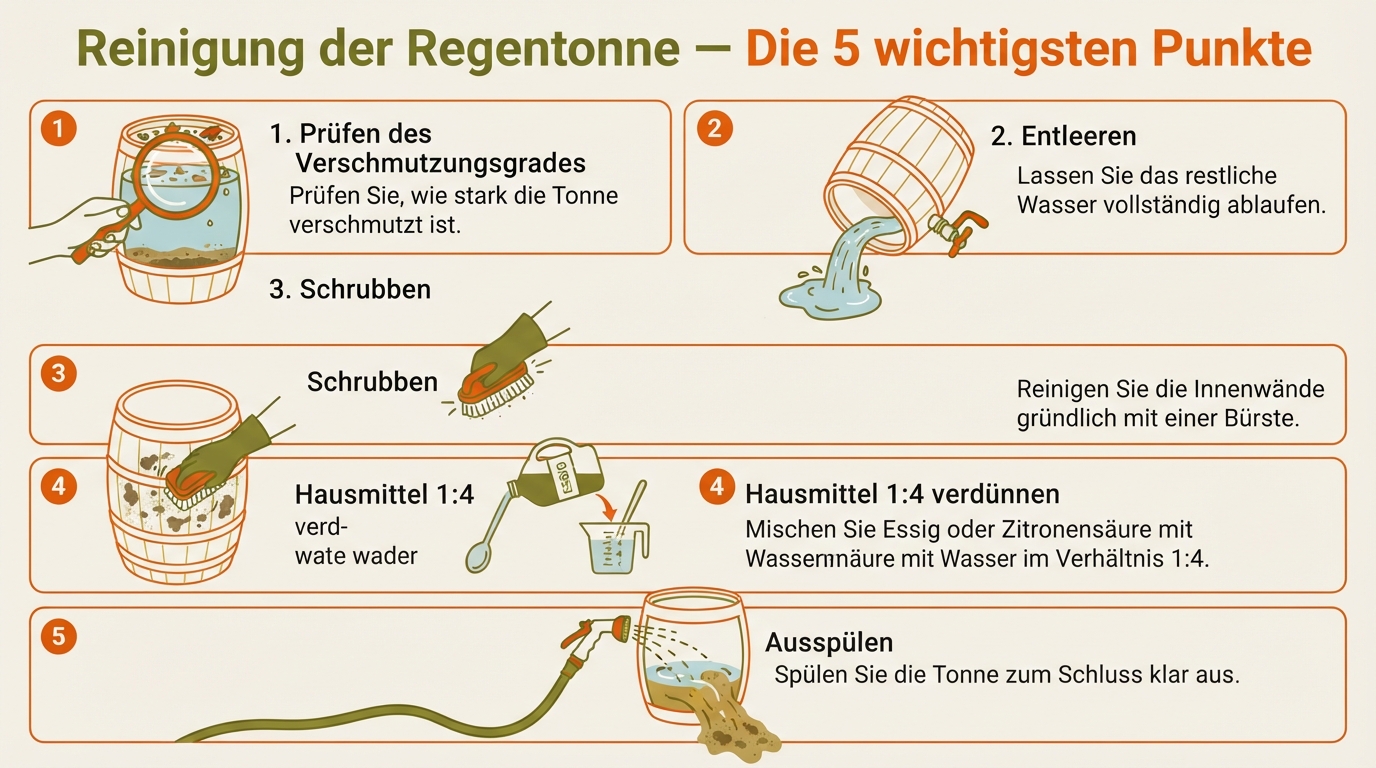 Infografik mit den fünf wichtigsten Punkten zur Regentonnen-Reinigung