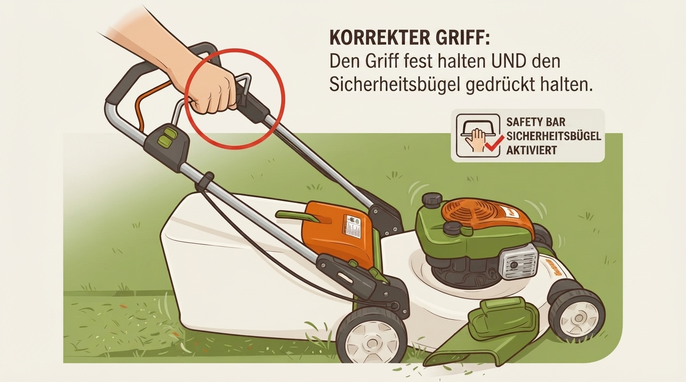 Hand hält den Sicherheitsbügel eines Rasenmähers korrekt am Griff