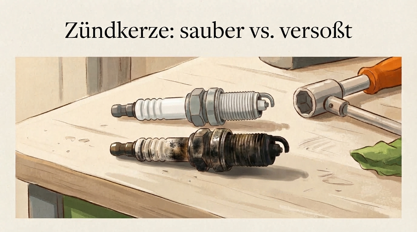 Ausgebaute Rasenmäher-Zündkerze im Vergleich: sauber und verrußt