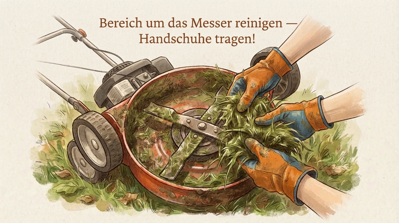 Rasenmäher-Messerbereich vor und nach der Reinigung von Grasresten